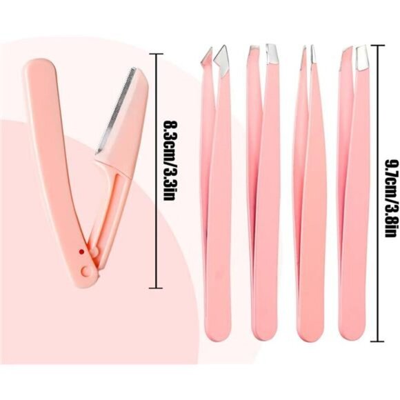 9-Piece Pink Eyebrow Grooming Kit Professional Tweezer & Razor Set With Case - Picture 2 of 6